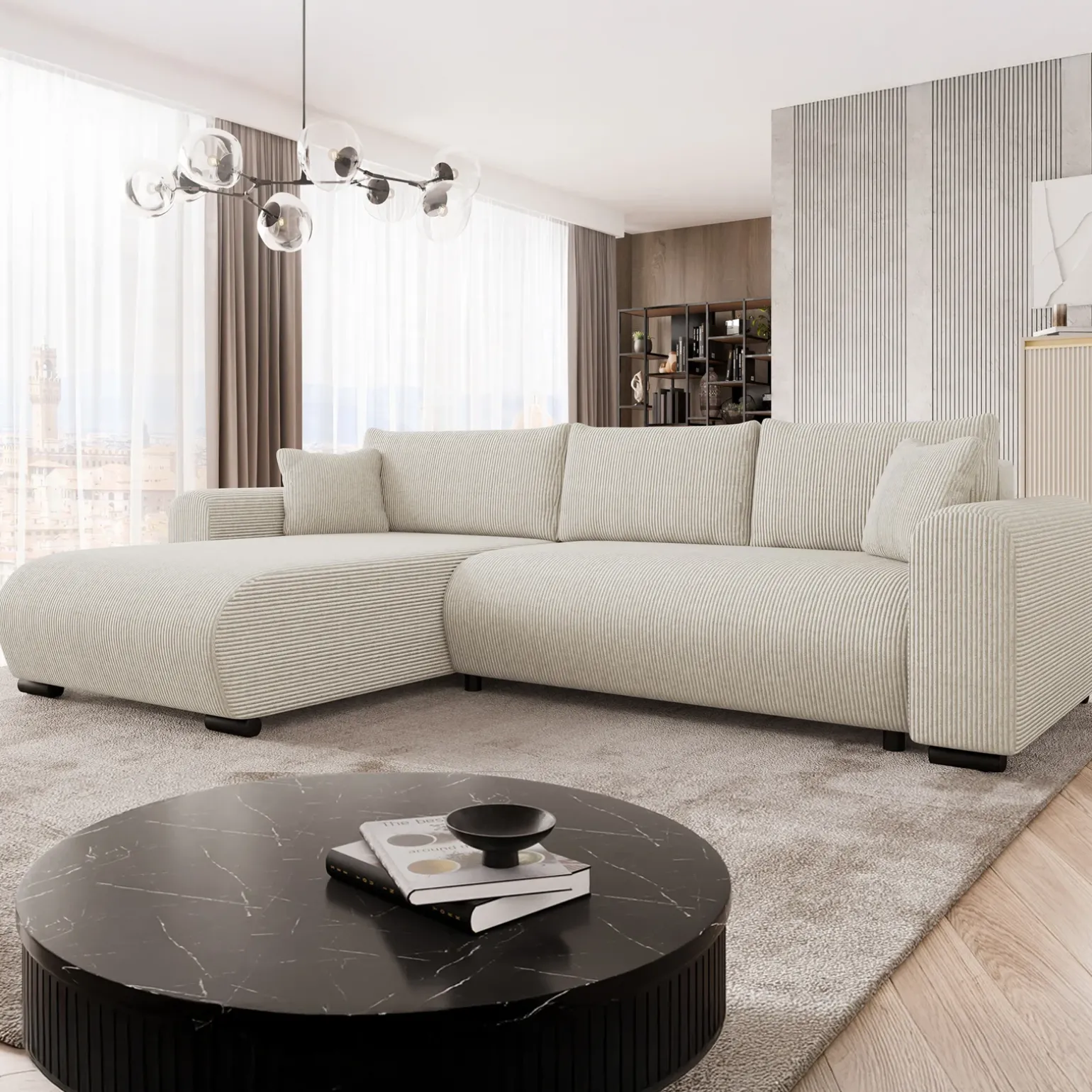 Divano letto angolare 4 posti 285x188cm con contenitore tessuto velluto a coste beige Soft