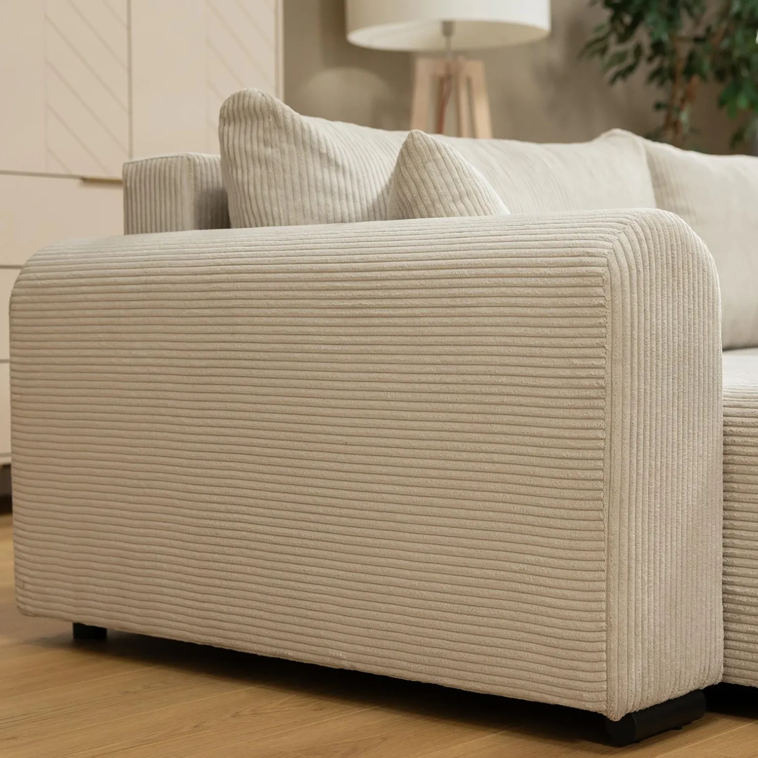 Divano letto angolare 4 posti 285x188cm con contenitore tessuto velluto a coste beige Soft