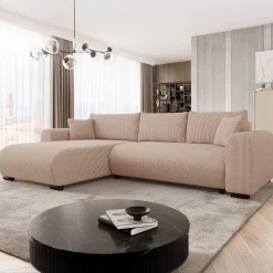 Divano letto angolare 4 posti 285x188cm con contenitore tessuto velluto a coste rosa Soft