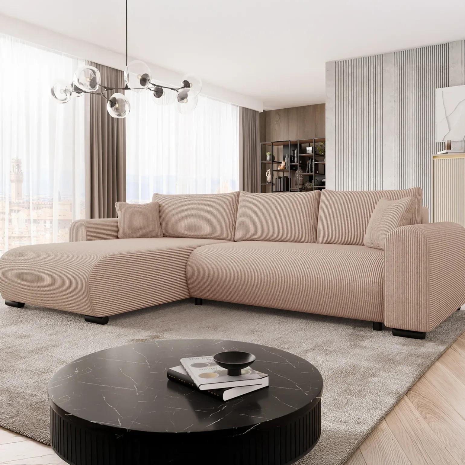 Divano letto angolare 4 posti 285x188cm con contenitore tessuto velluto a coste rosa Soft