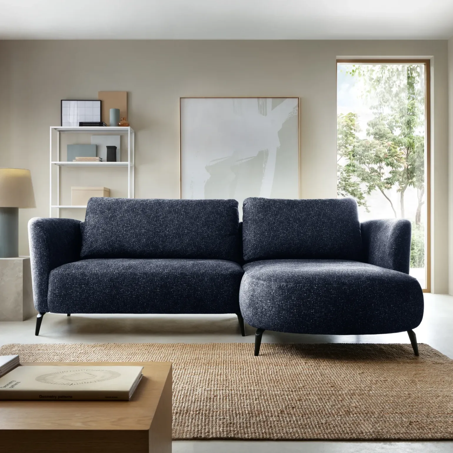 Divano letto angolare destra 3 posti 260x180cm tessuto bouclè blu Repose