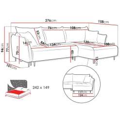 Divano letto angolare destro 3 posti 276x158cm tessuto grigio scuro Angle