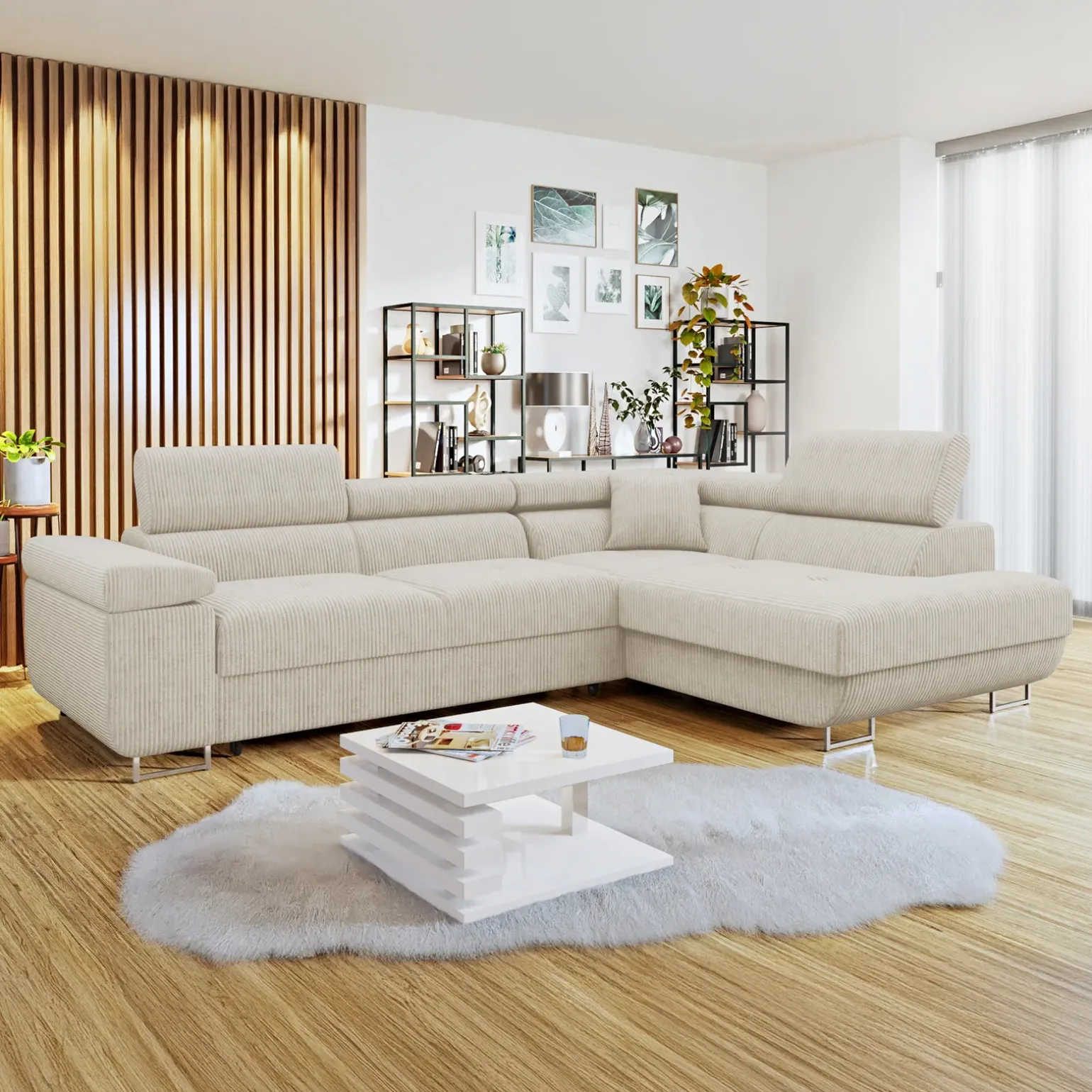 Divano letto angolare destra 4 posti 274x203cm imbottito a coste beige Bormio