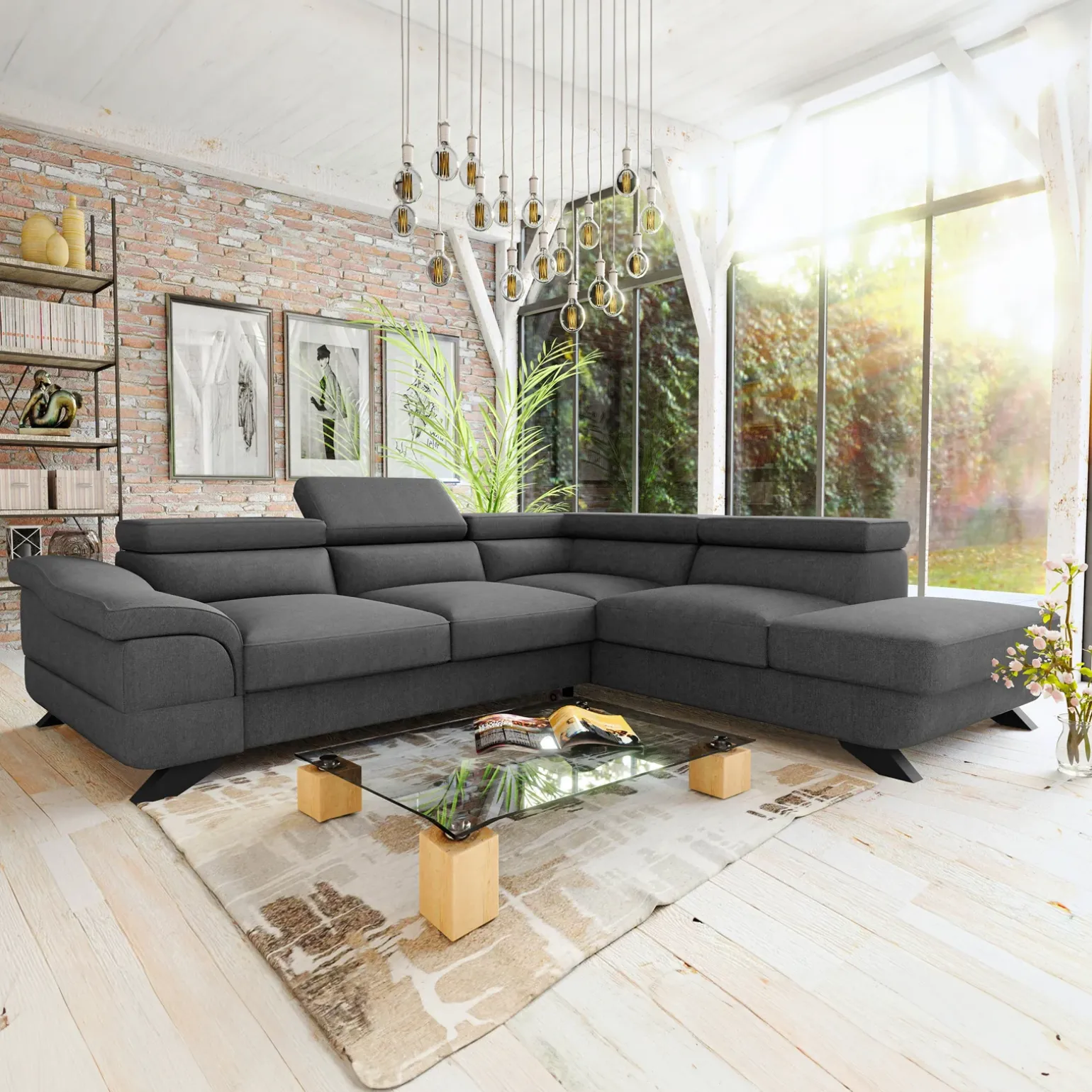 Divano letto angolare destro 5 posti 272x219cm tessuto antracite Lumma
