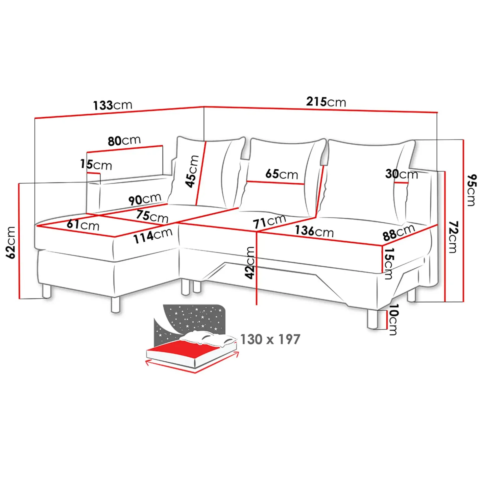 Divano letto angolare destra 3 posti 215cm grigio scuro e chiaro Aureliano