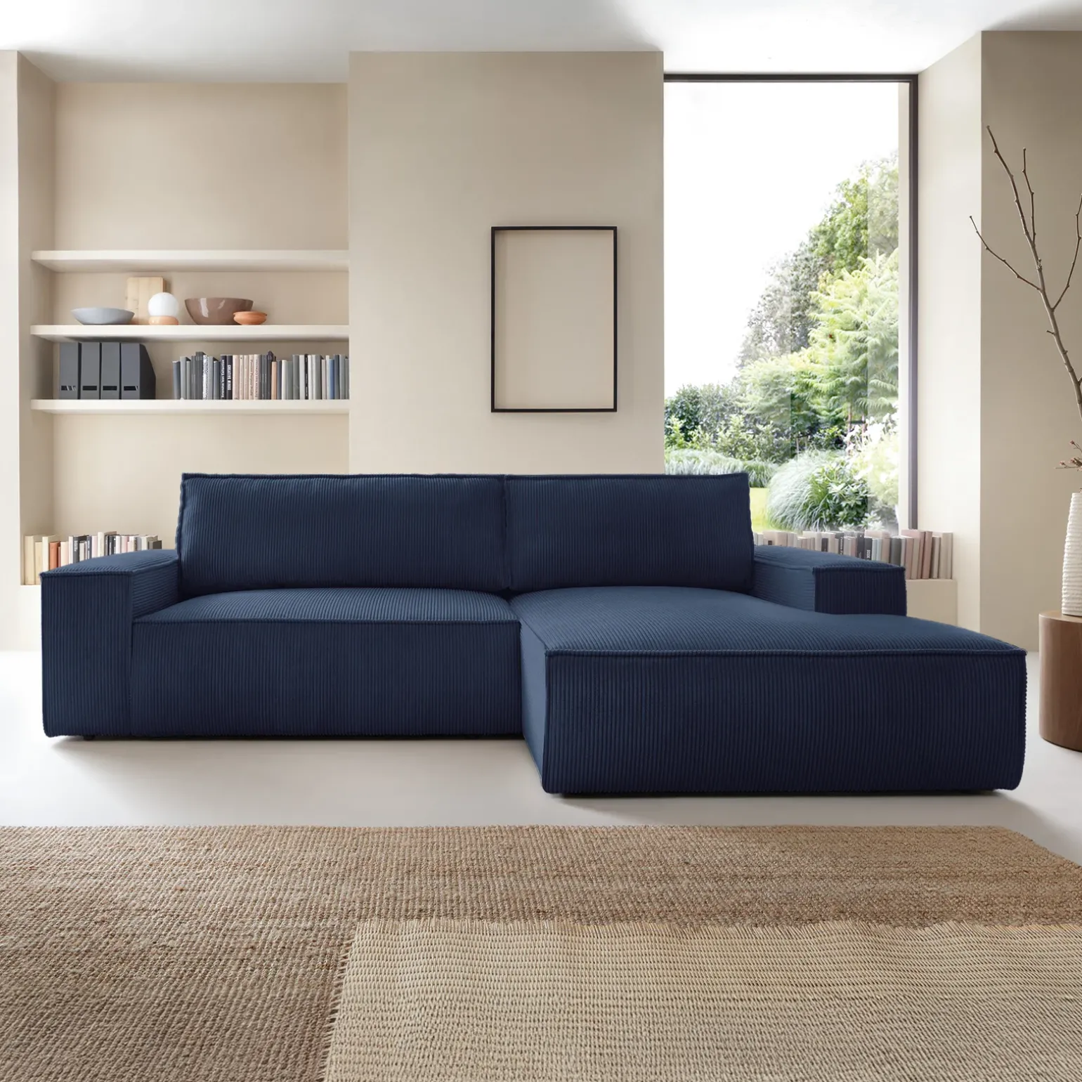 Divano letto angolare destra 3 posti 267x167cm velluto a coste blu Relaxion