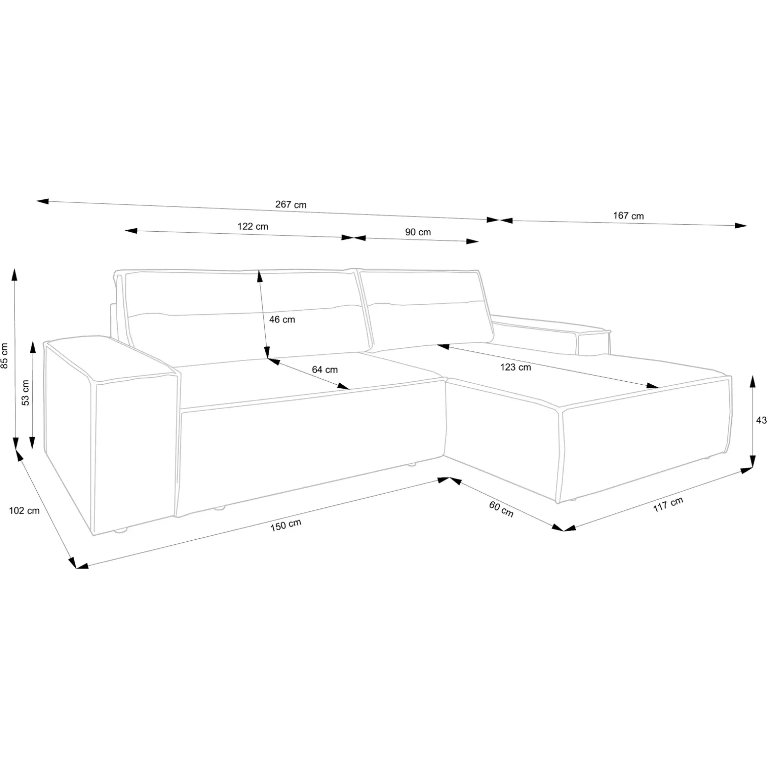 Divano letto angolare destra 3 posti 267x167cm velluto a coste antracite Relaxion