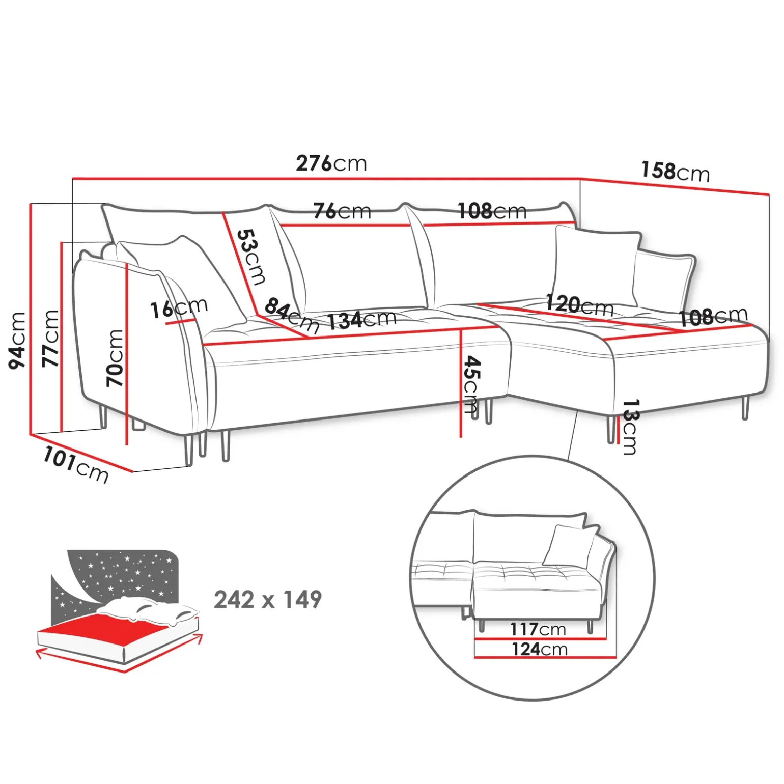 Divano letto angolare destro 3 posti 276x158cm tessuto grigio antracite Angle
