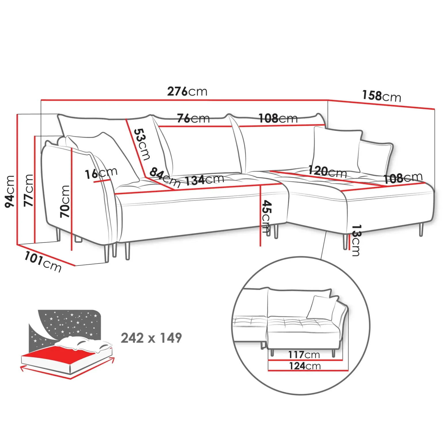 Divano letto angolare destro 3 posti 276x158cm tessuto blu Angle