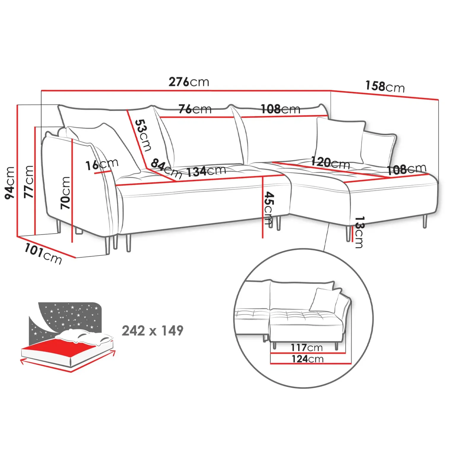 Divano letto angolare destro 3 posti 276x158cm tessuto rosa Angle