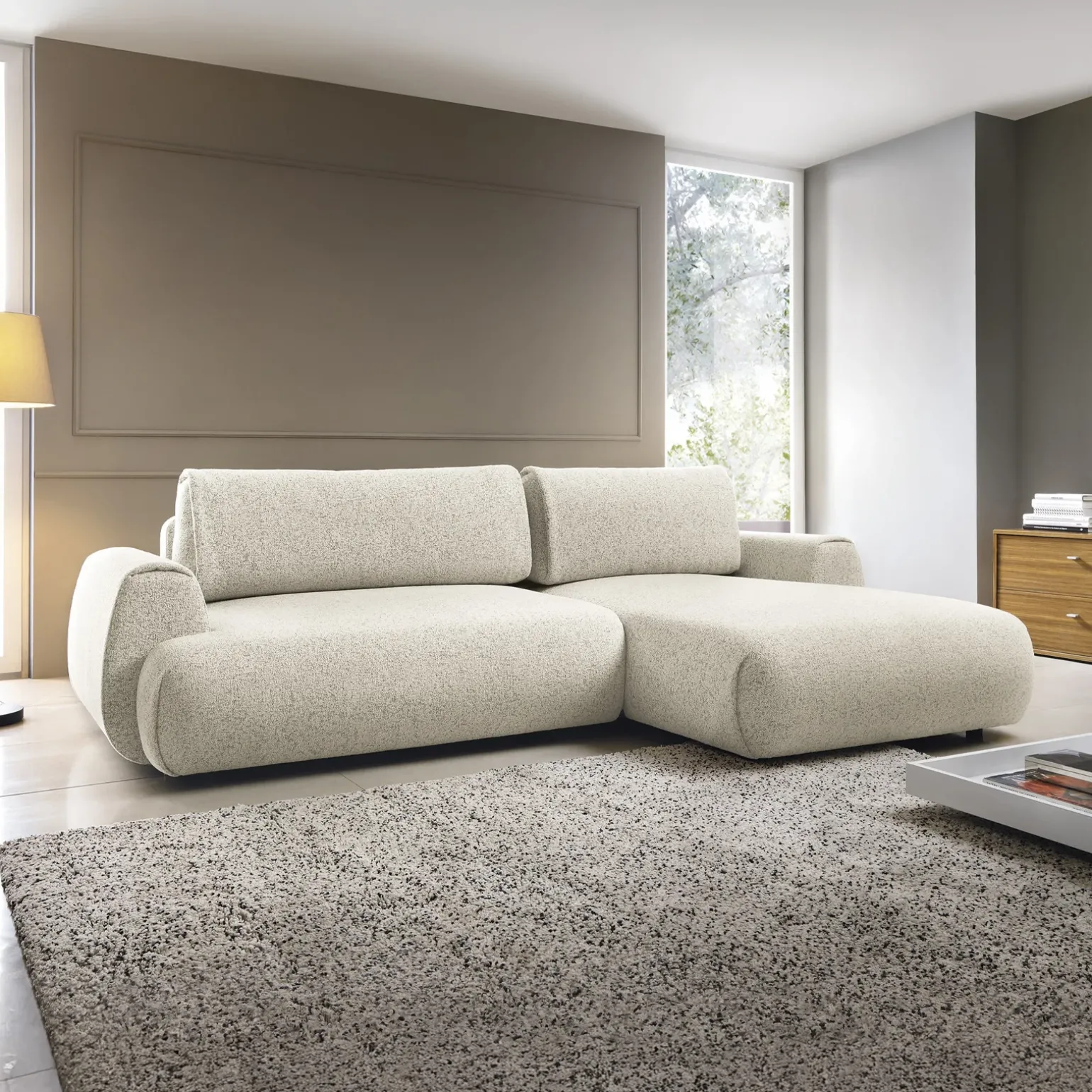Divano letto angolare destra 3 posti 270x167cm tessuto bianco Cloudify