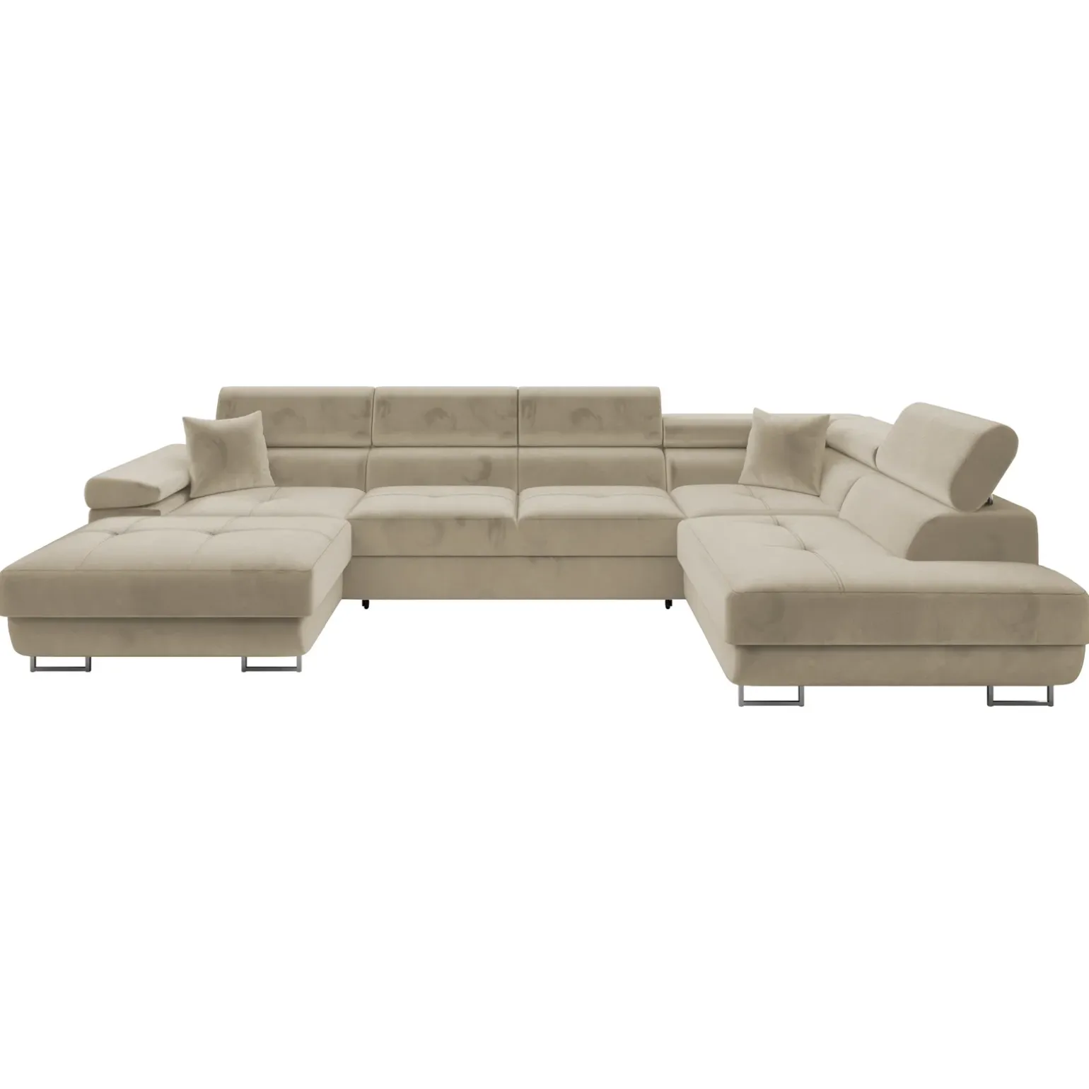 Divano letto angolare destra 5 posti 346x203cm con box contenitore vellutato beige Moirea
