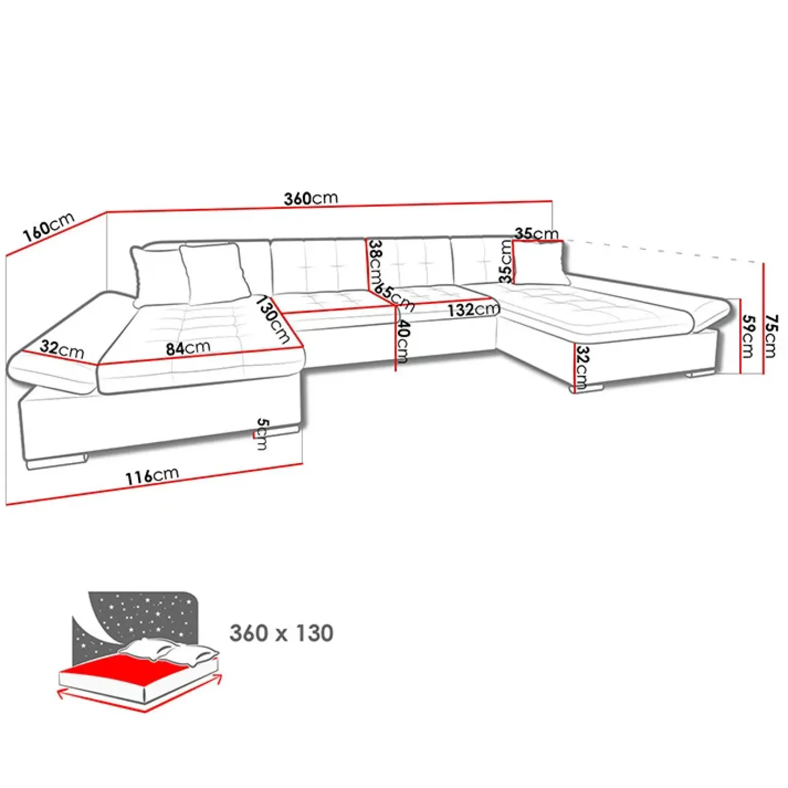 Divano letto angolare moderno design 360x160cm nero Carpiano