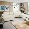 Divano letto angolare panoramico 5 posti 338x168 cm con contenitore a trama sottile beige Olivon