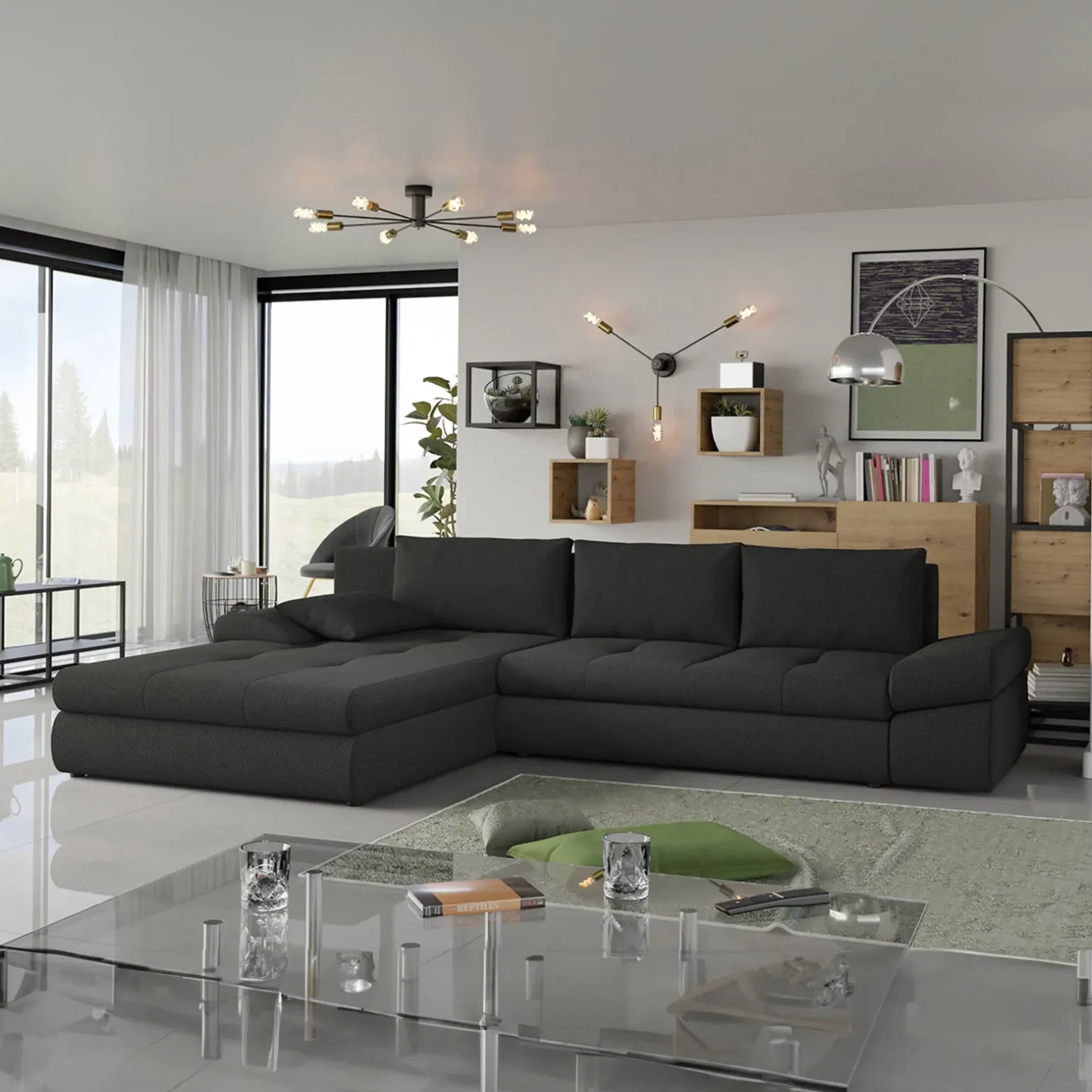 Divano letto angolare reversibile 313x215cm tessuto antracite Puffo