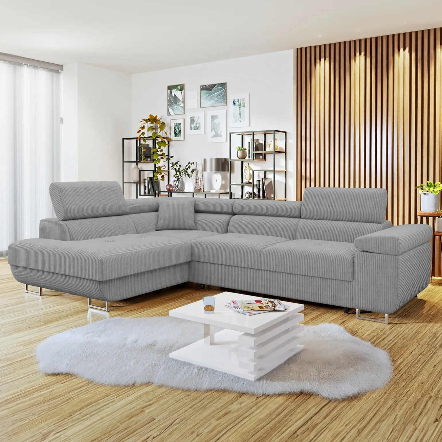 Divano letto angolare sinistra imbottito 274x203cm velluto a coste grigio Bormio