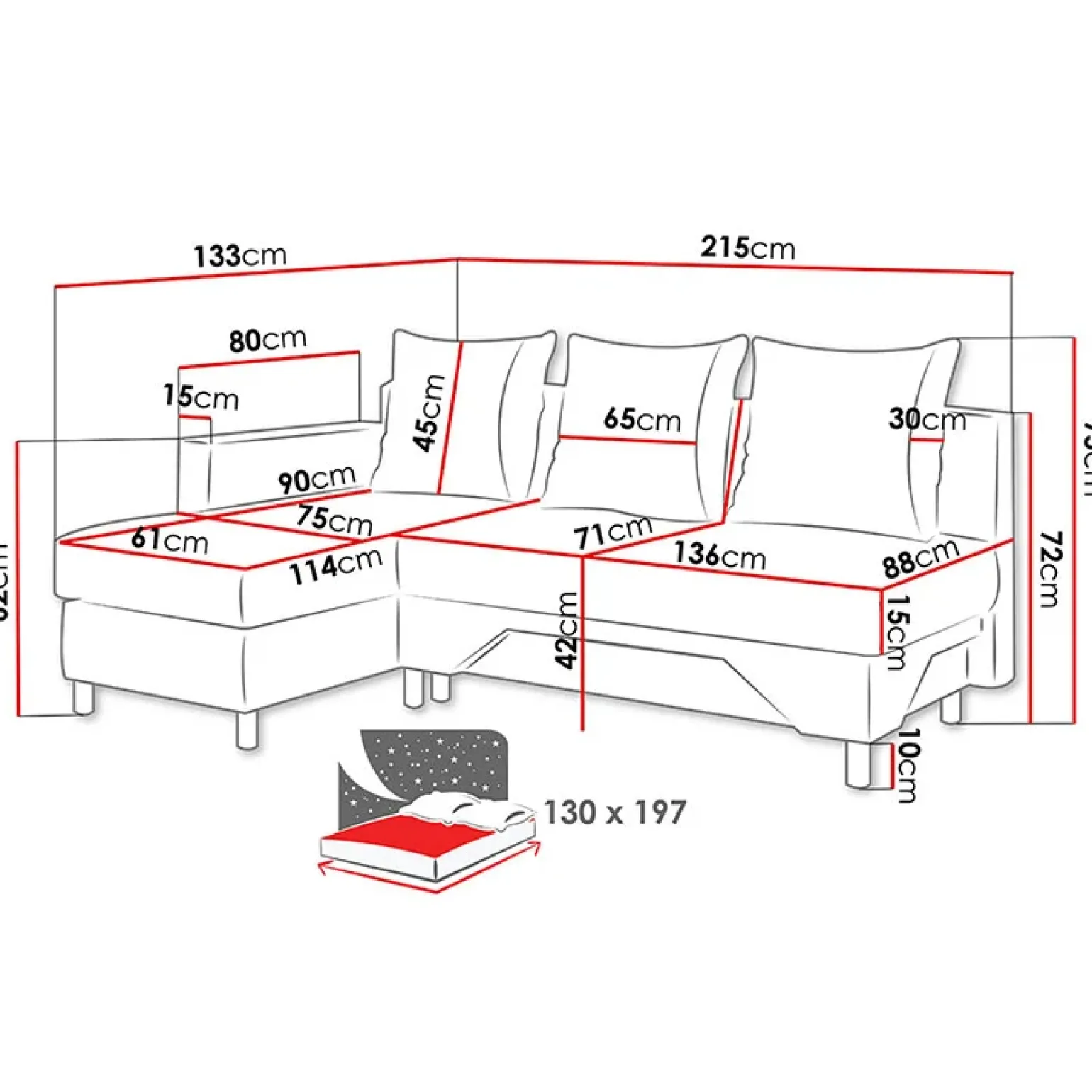 Divano letto angolare sinistra 3 posti 215cm grigio scuro e chiaro Aureliano
