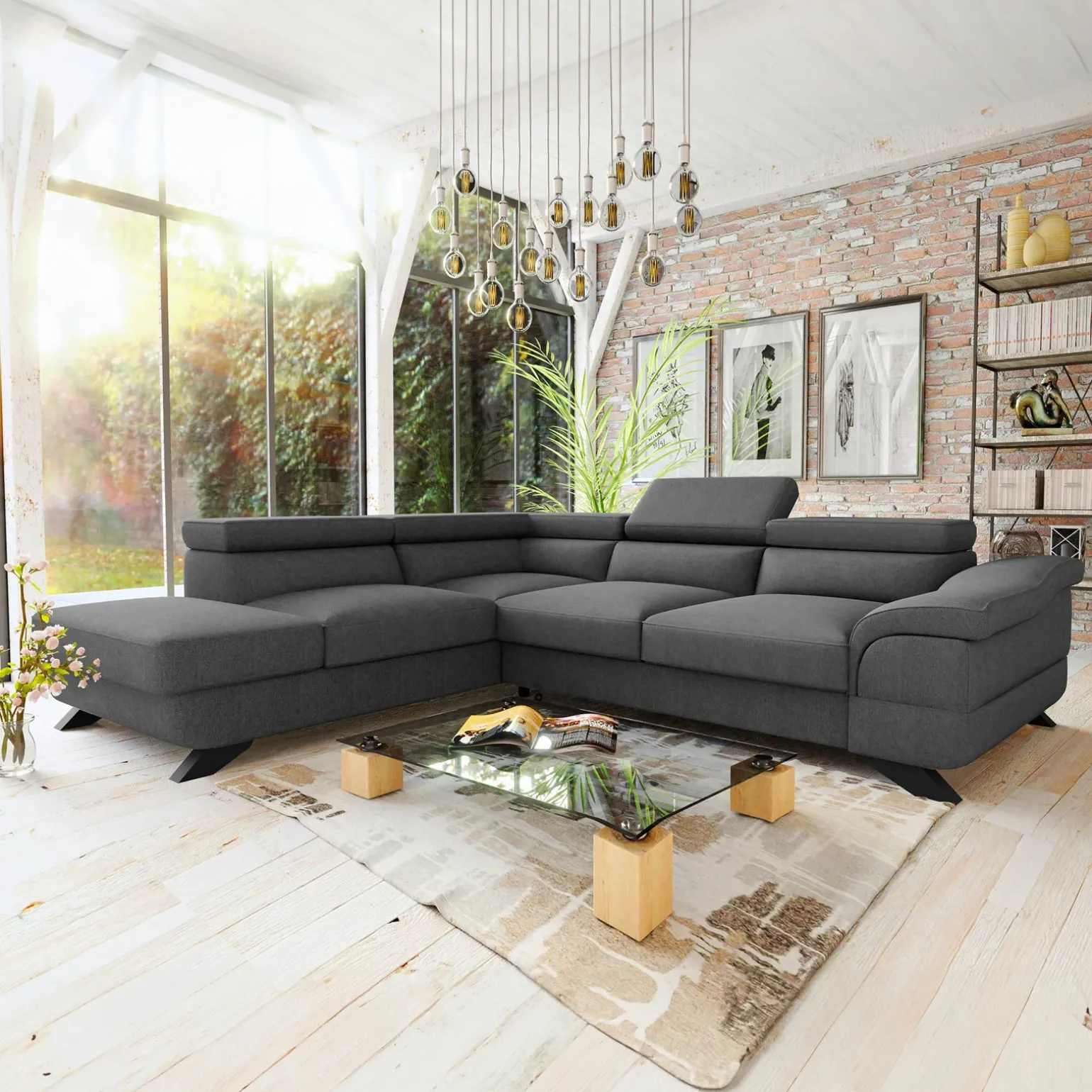 Divano letto angolare sinistro 5 posti 272x219cm tessuto antracite Lumma