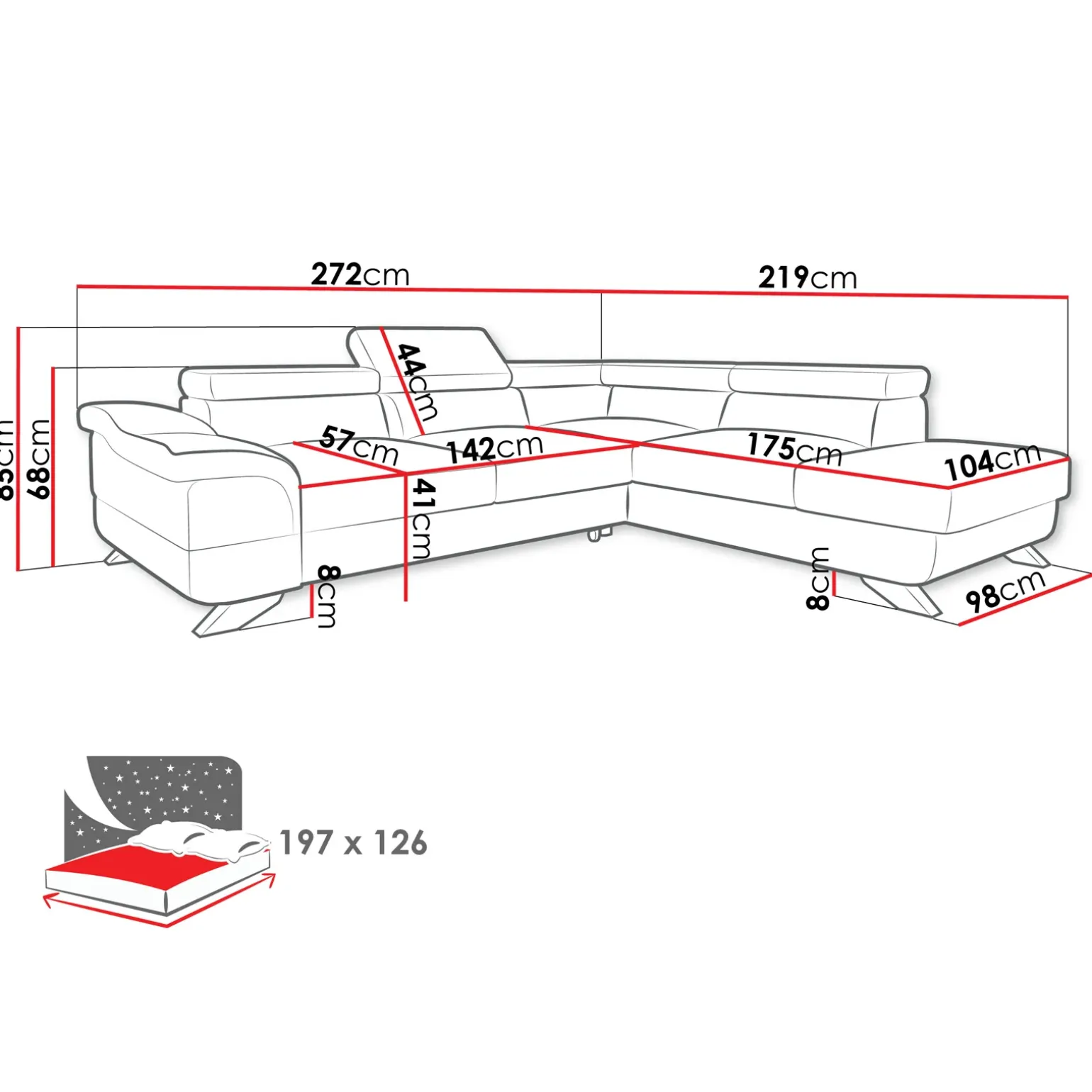Divano letto angolare sinistro 5 posti 272x219cm tessuto antracite Lumma
