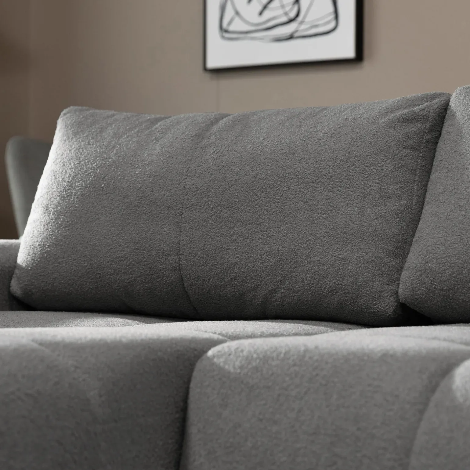 Divano letto con angolo a sinistra 4 posti 270x173cm con contenitore tessuto bouclé grigio scuro Litos