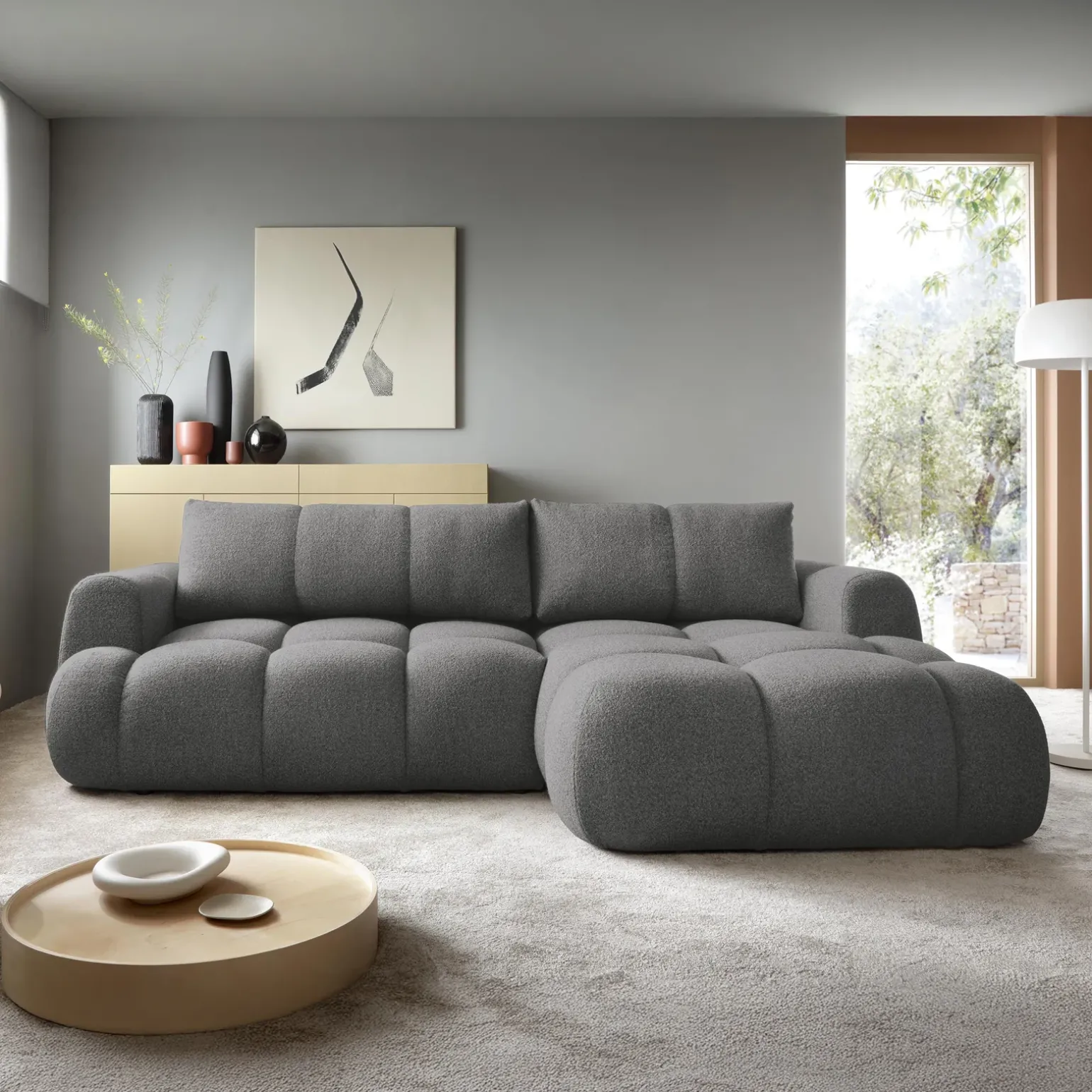 Divano letto con angolo a destra 4 posti 270x173cm con contenitore tessuto bouclé grigio scuro Litos