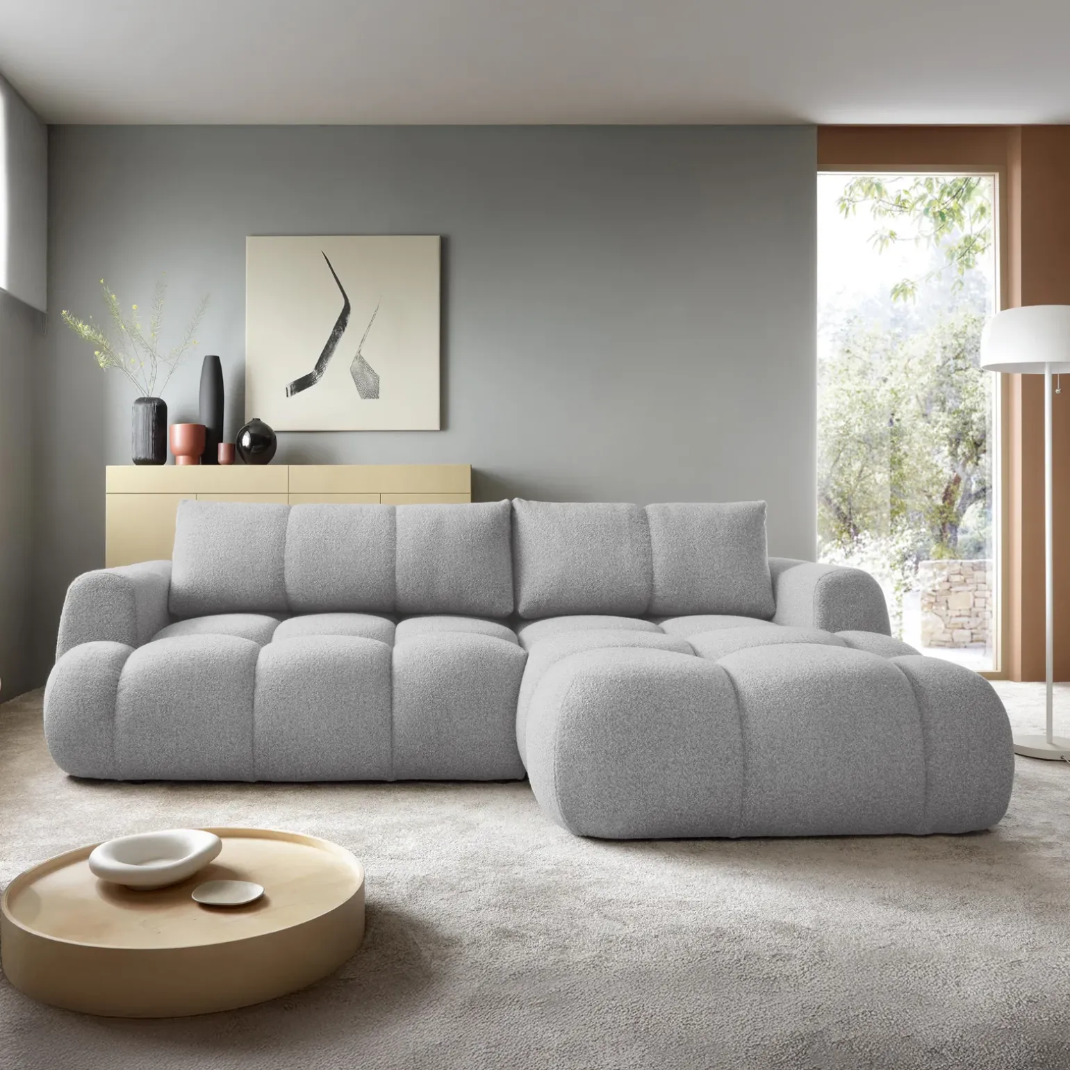 Divano letto con angolo a destra 4 posti 270x173cm con contenitore tessuto bouclé grigio chiaro Litos