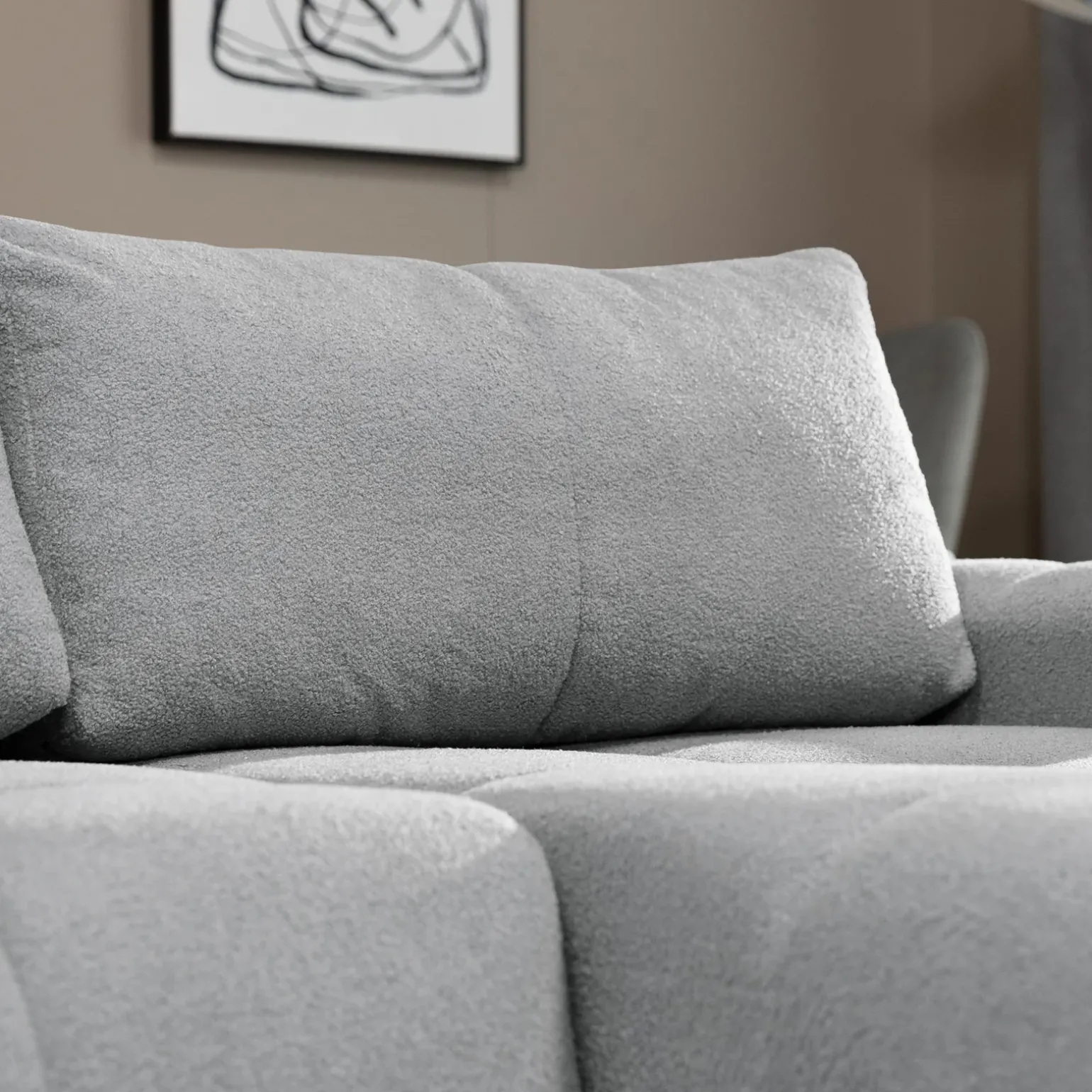 Divano letto con angolo a destra 4 posti 270x173cm con contenitore tessuto bouclé grigio chiaro Litos