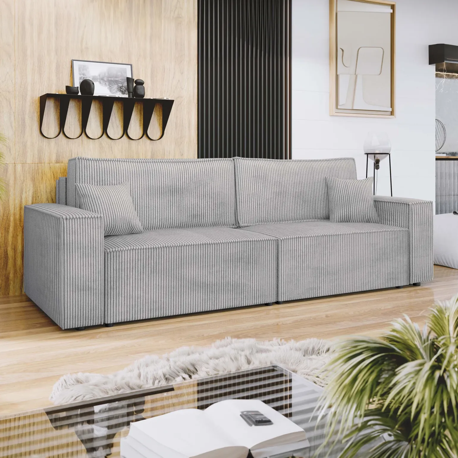 Divano letto matrimoniale 3 posti 245x90cm velluto a coste grigio Ploffy