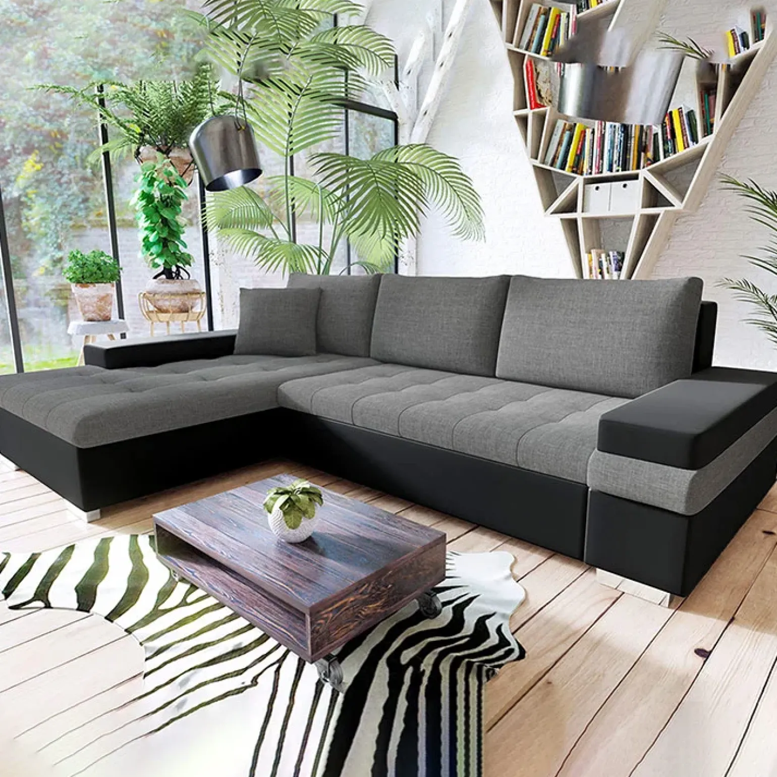 Divano letto matrimoniale angolare 3 posti 274cm grigio nero Apollina
