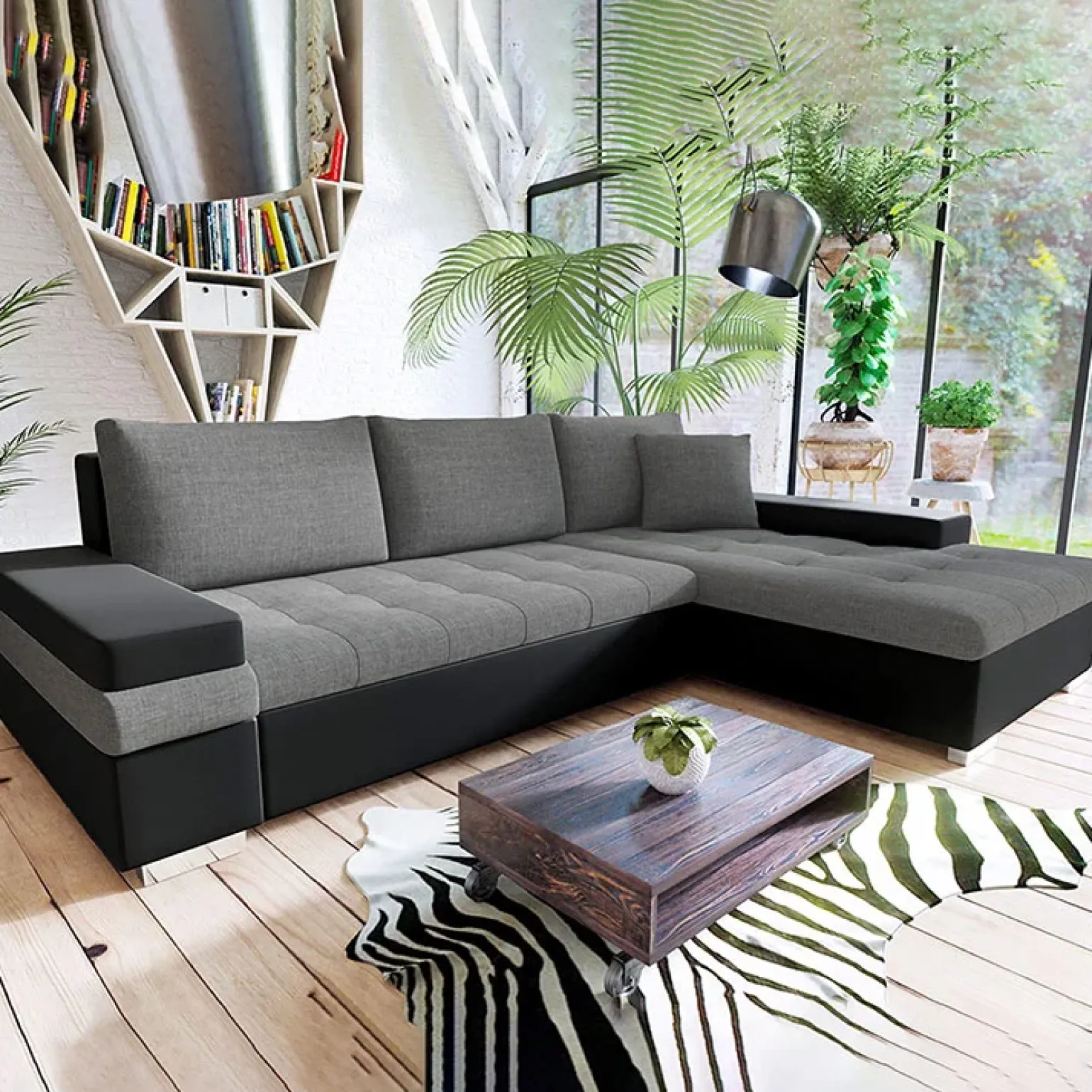 Divano letto matrimoniale angolare 3 posti 274cm grigio nero Apollina