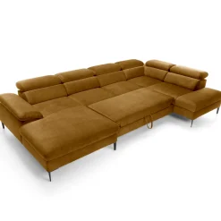 Divano letto regolabile angolare destro 5 posti 353x214cm tessuto giallo senape Calmora