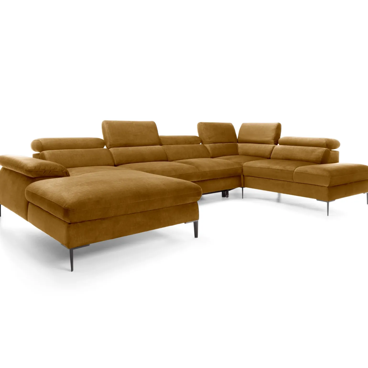 Divano letto regolabile angolare destro 5 posti 353x214cm tessuto giallo senape Calmora