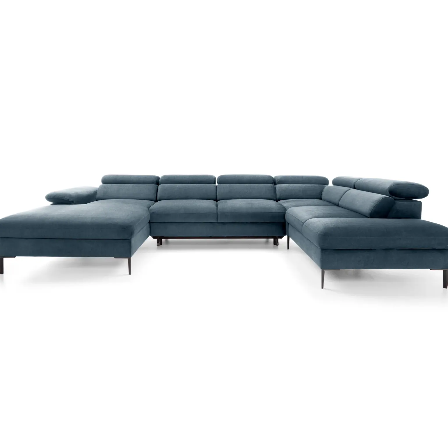 Divano letto regolabile angolare destro 5 posti 353x214cm tessuto azzurro Calmora
