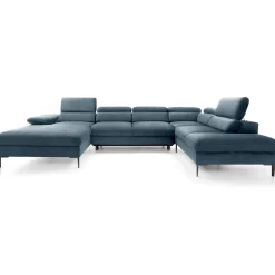 Divano letto regolabile angolare destro 5 posti 353x214cm tessuto azzurro Calmora