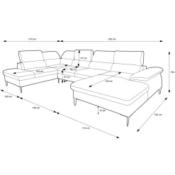 Divano letto regolabile angolare destro 5 posti 353x214cm tessuto grigio scuro Calmora