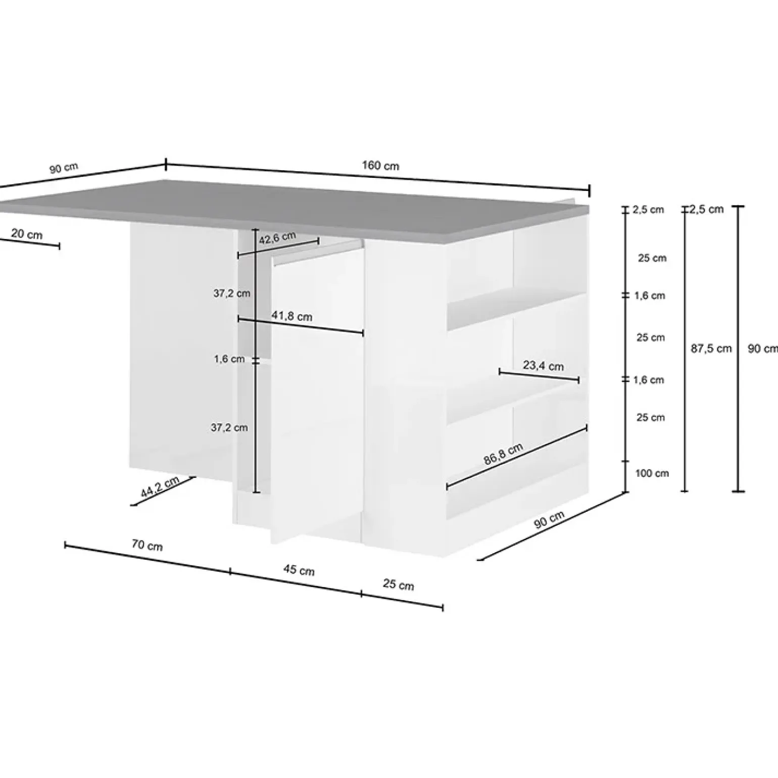 Isola cucina centrale 160x90cm 2 ante e vani antracite opaco con piano grigio effetto pietra Gourmet
