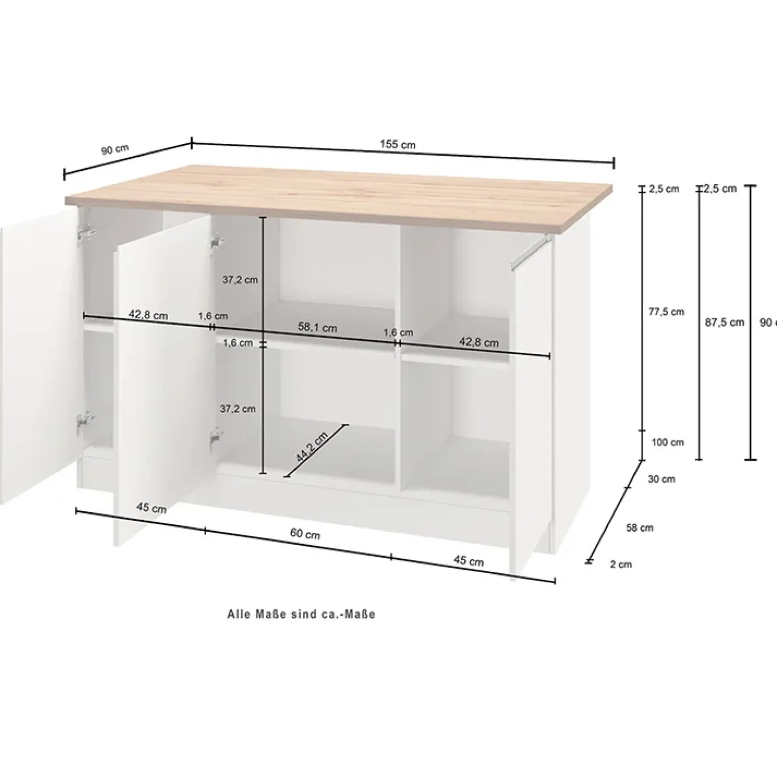 Isola cucina centrale 155x90cm 3 ante antracite opaco con piano grigio effetto pietra Gourmet