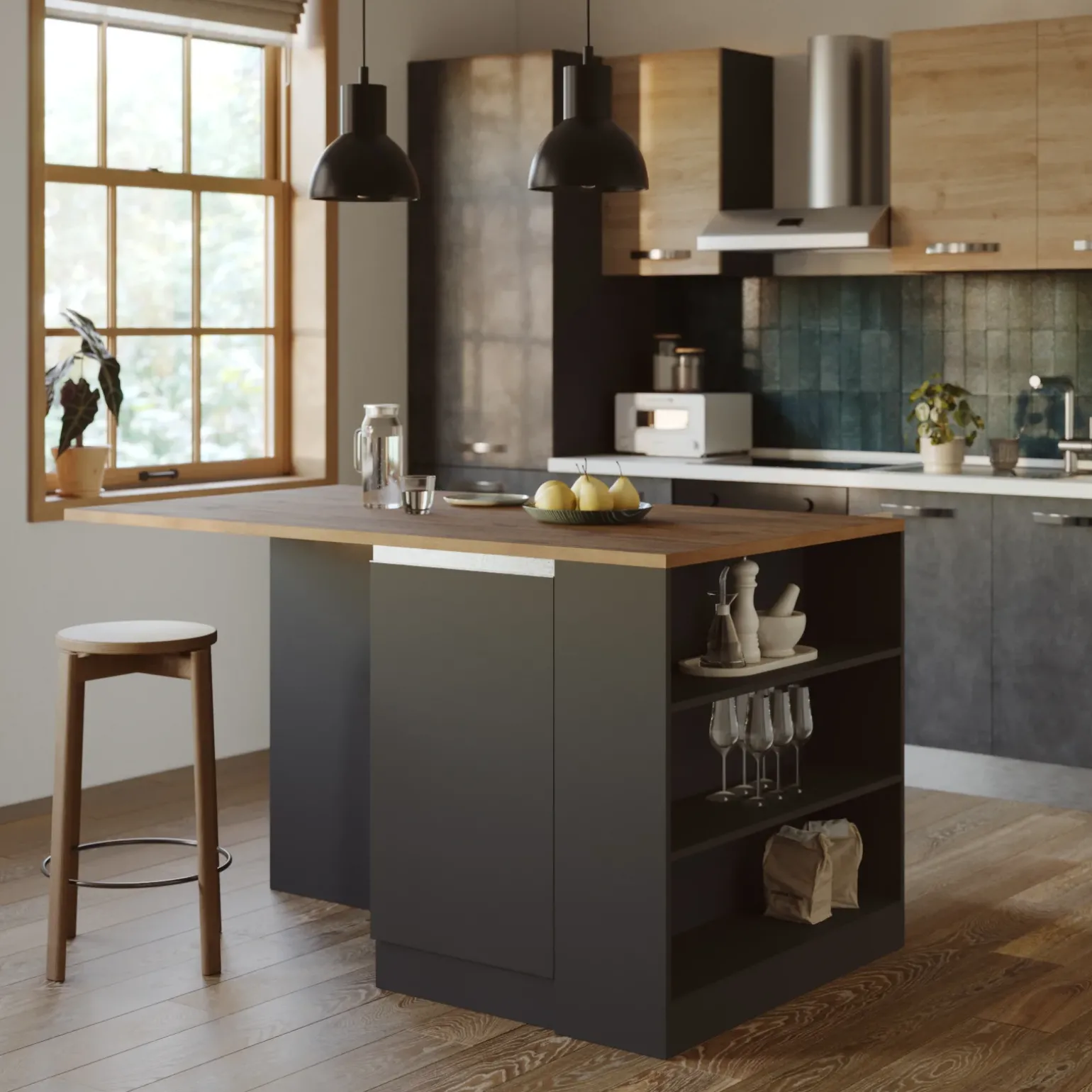 Isola cucina centrale 160x90cm 2 ante e vani antracite opaco con piano rovere Gourmet