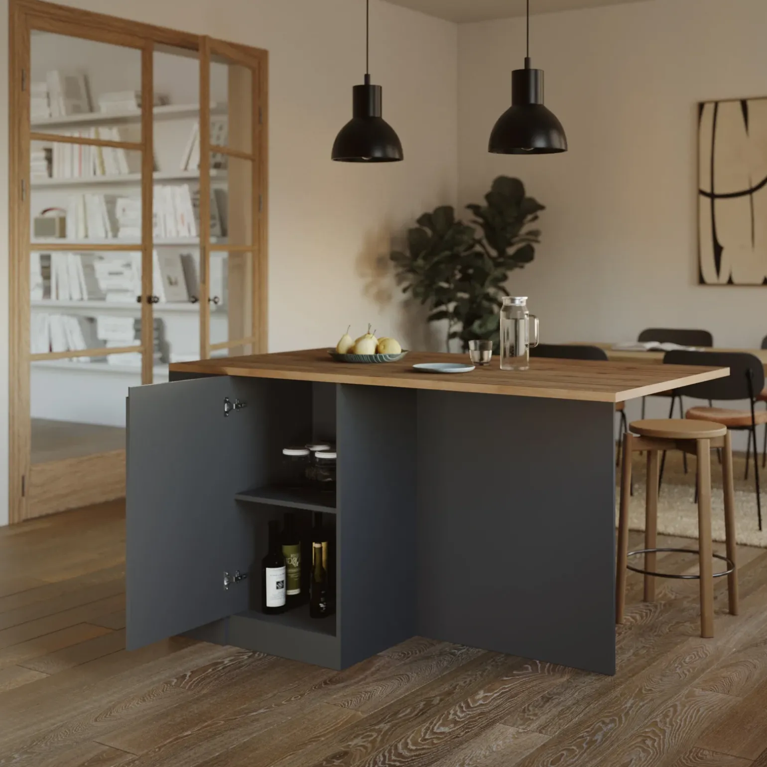 Isola cucina centrale 160x90cm 2 ante e vani antracite opaco con piano rovere Gourmet