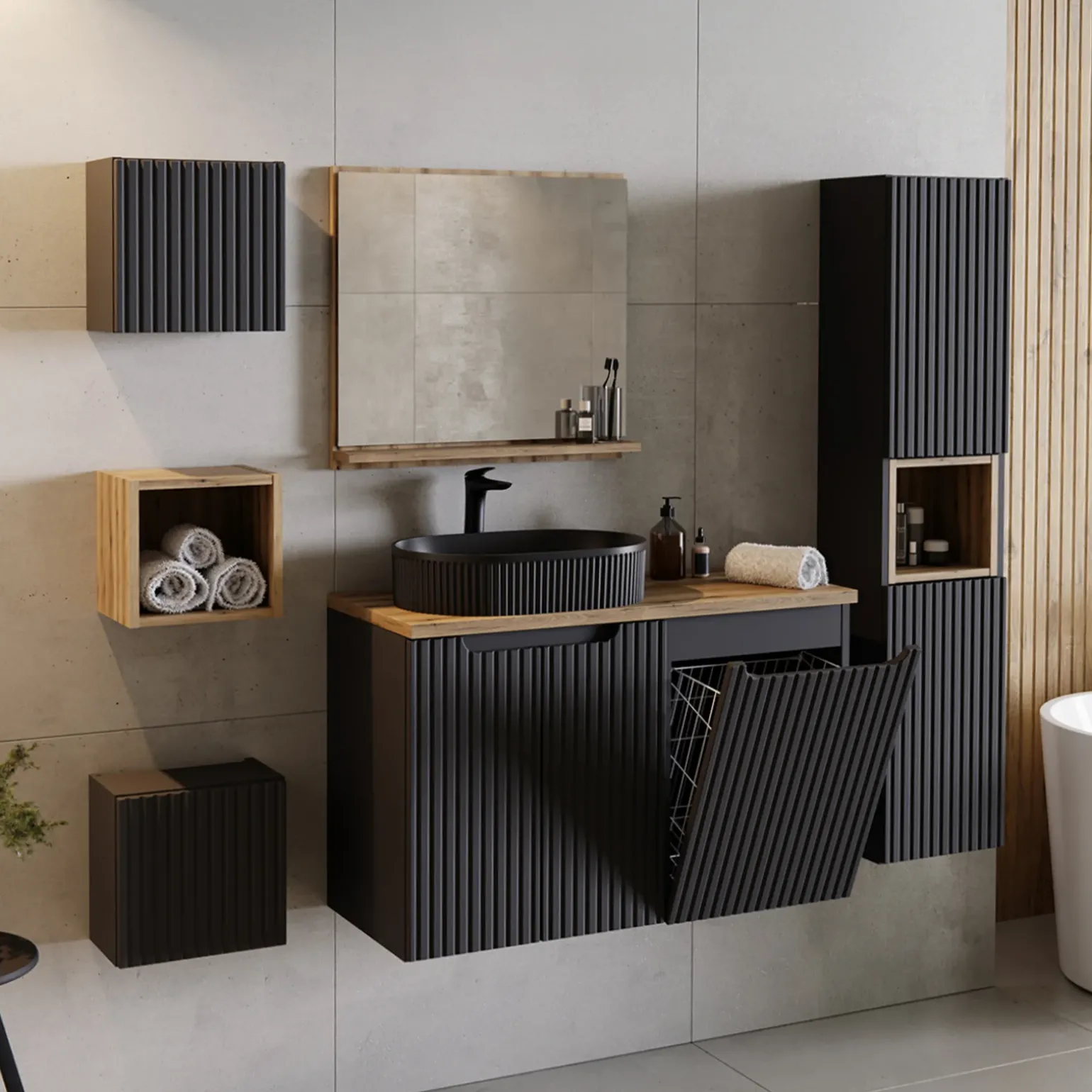 Lavabo bagno da appoggio 48x33cm ceramica nero cannettato Griffy