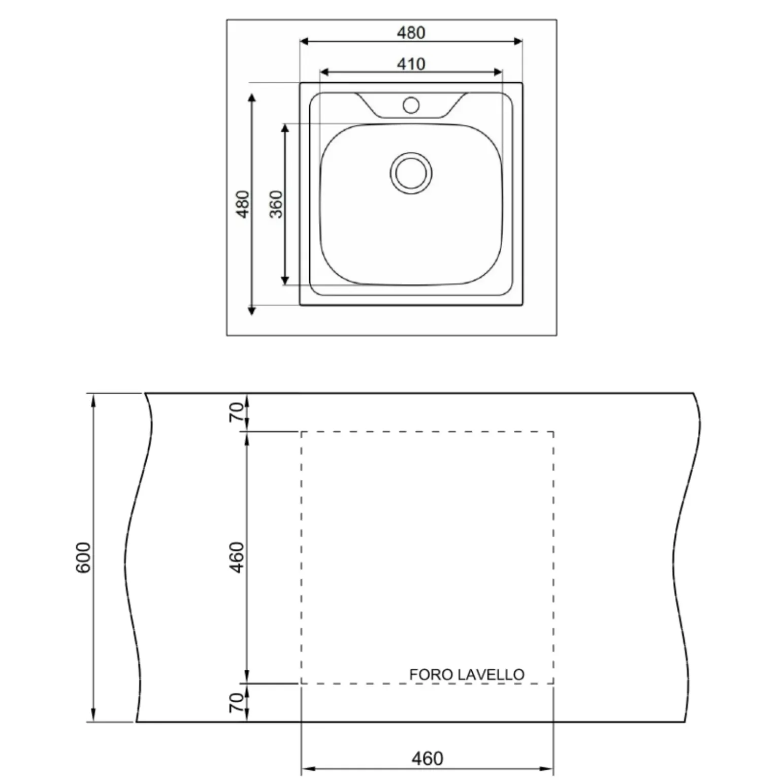Lavello da incasso 48x48cm a pozzetto 1 vasca acciaio inox Prokit
