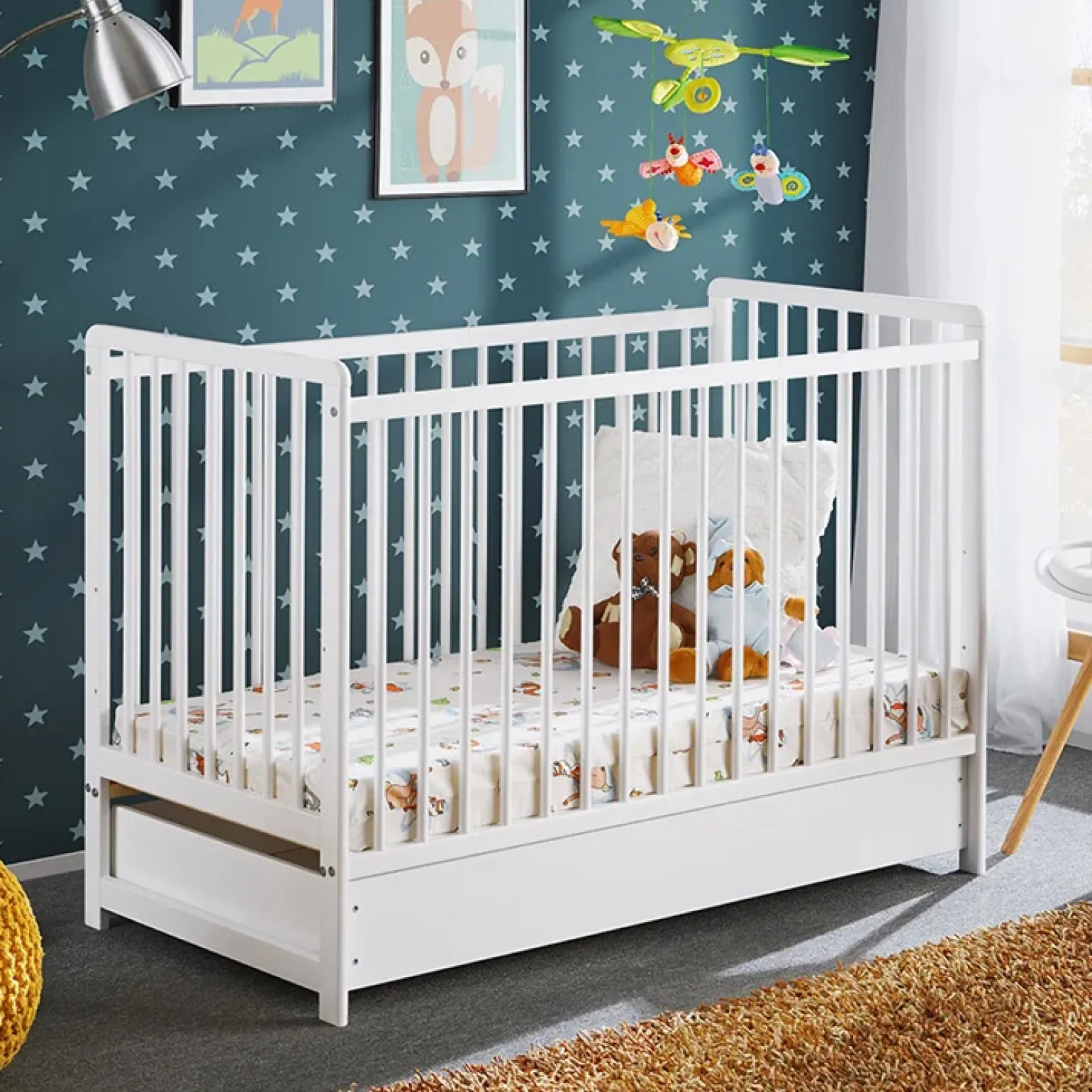 Lettino con materasso bambini neonati culla cassetto 65x124cm bianco Destiny