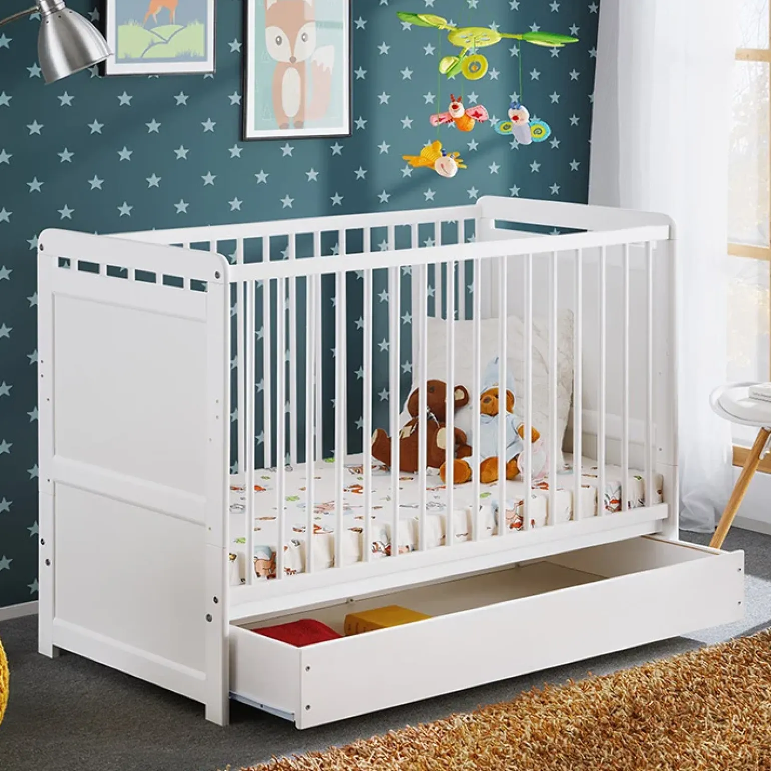 Lettino con materasso bambini neonati culla cassetto 67x124cm bianco Magic