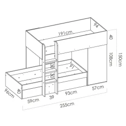 Letto a castello per bambini con armadio 255x112cm rovere grafite Sole