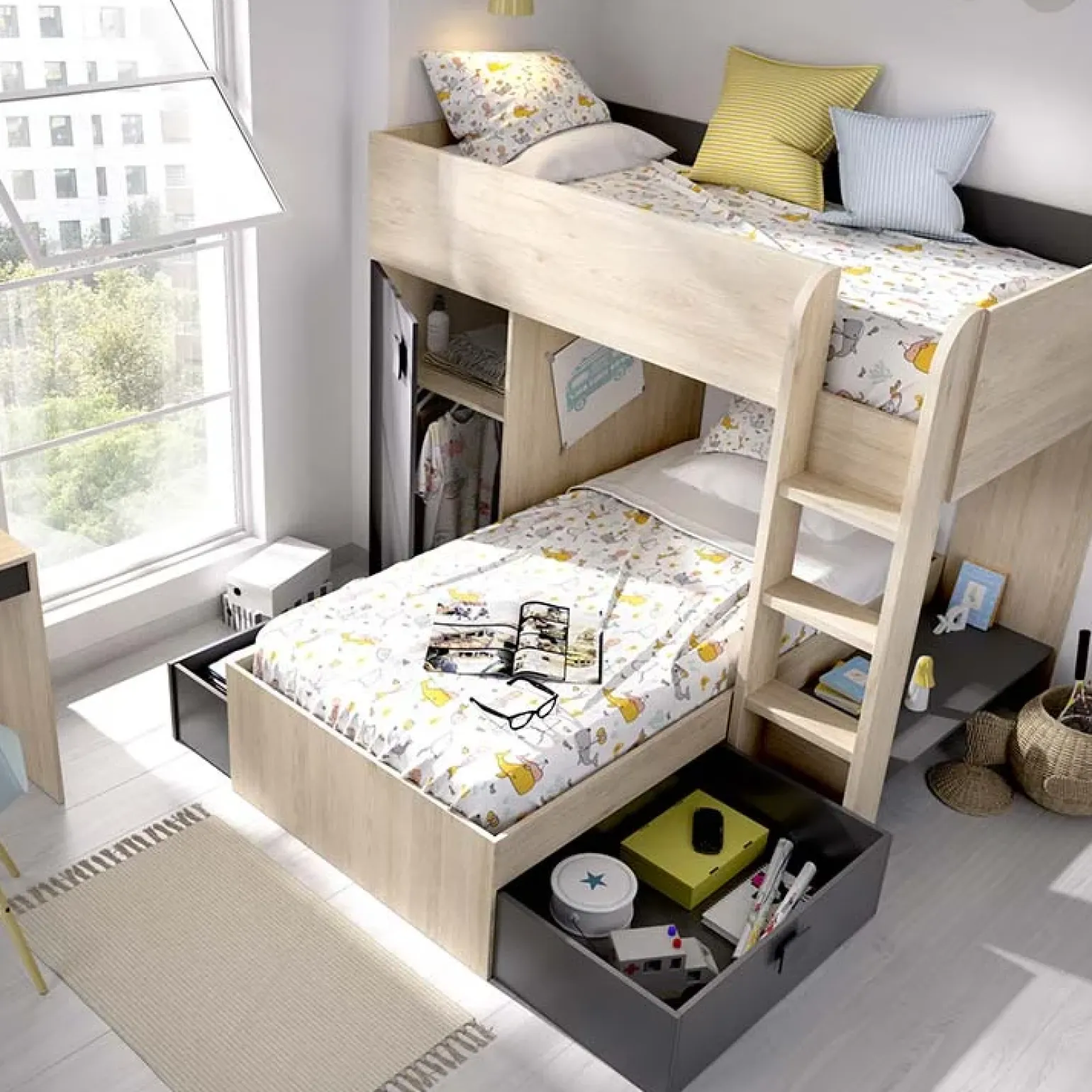 Letto a castello per bambini con armadio 255x112cm rovere grafite Sole