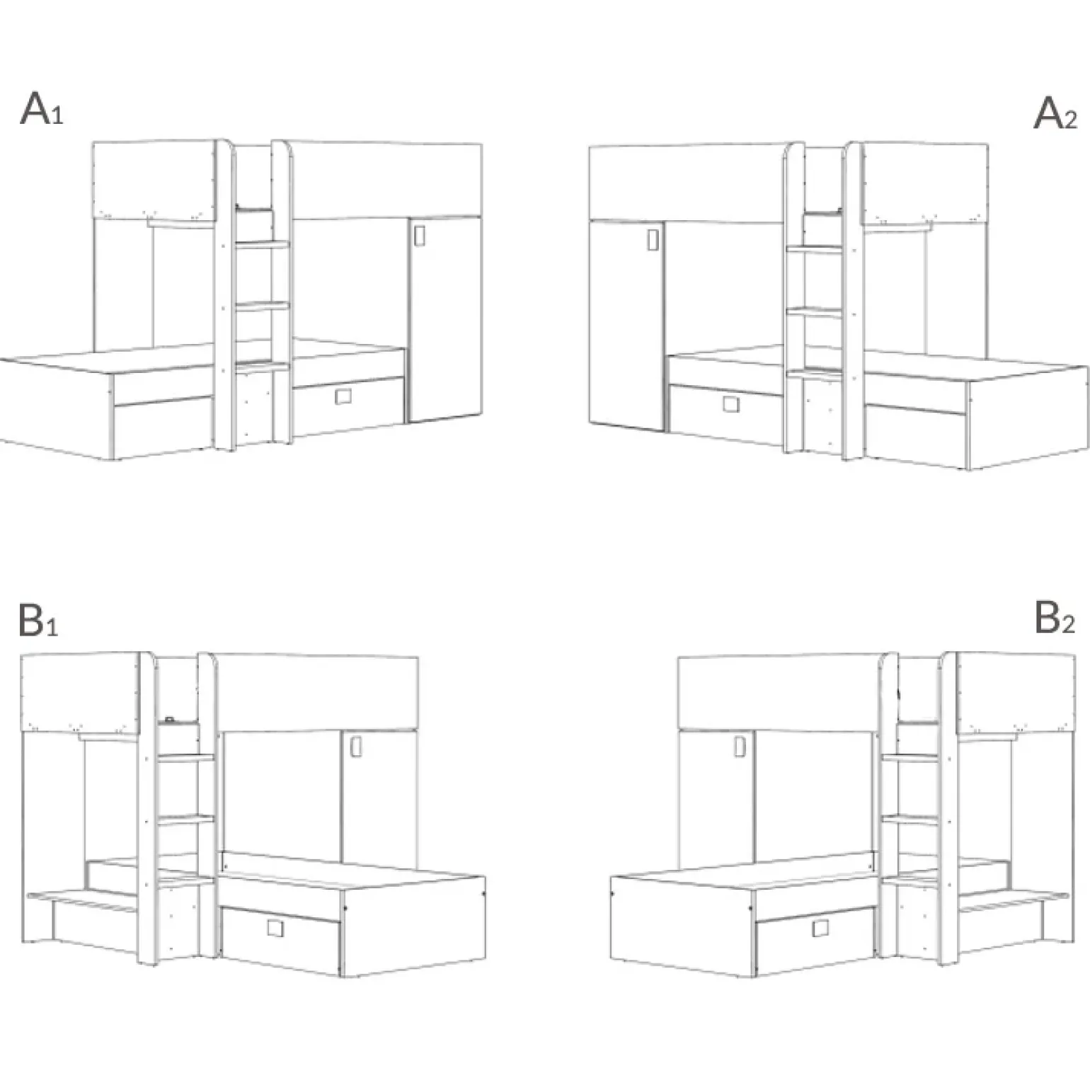 Letto a castello per bambini con armadio 255x112cm rovere bianco Sole