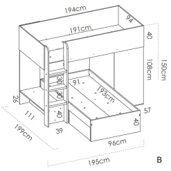 Letto a castello per bambini con armadio 255x112cm rovere bianco Sole