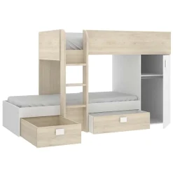 Letto a castello per bambini con armadio 255x112cm rovere bianco Sole