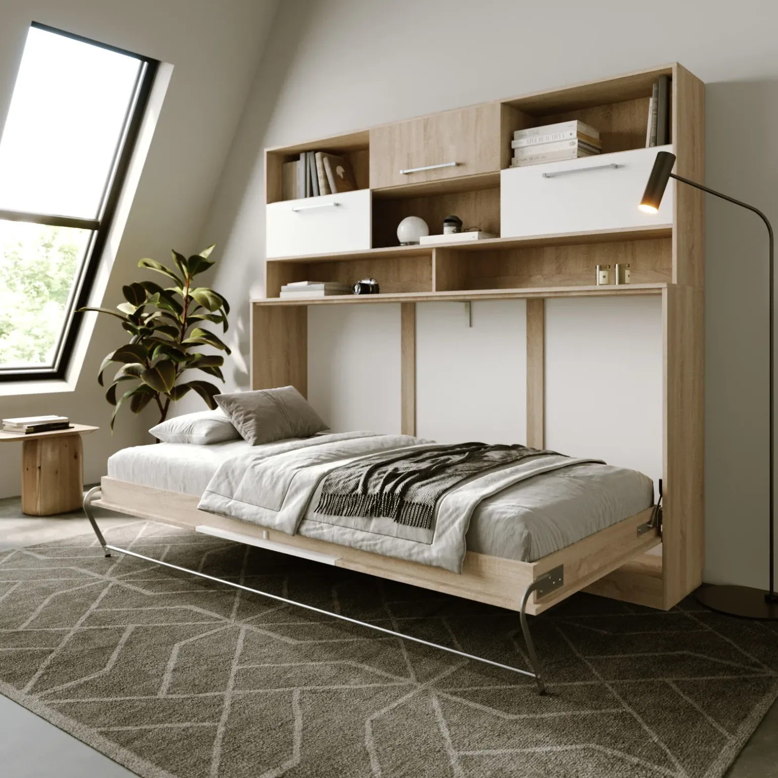 Letto a scomparsa orizzontale 90x200cm singolo con libreria rovere bianco Alvin Gihome®
