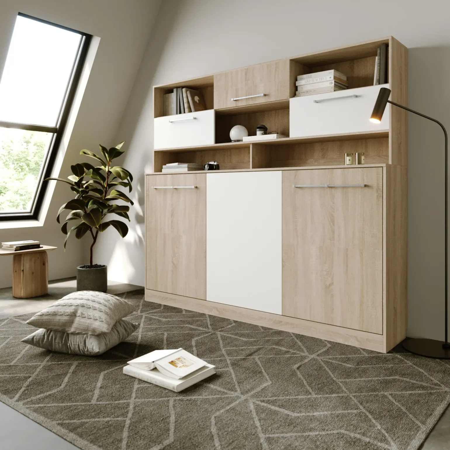 Letto a scomparsa orizzontale 90x200cm singolo con libreria rovere bianco Alvin Gihome®